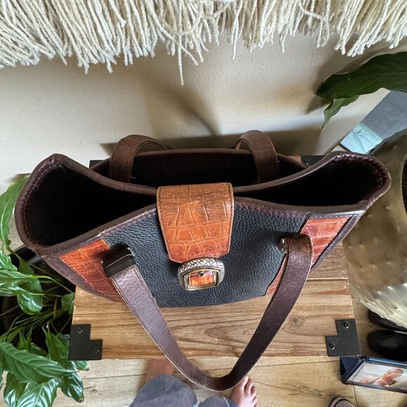 Vintage Brighton Black Brown Croc Embossed Structured Double Strap Shoulder Bag - Picture 12 of 16